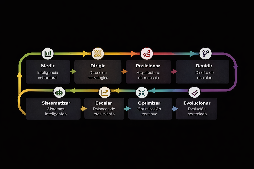 Diagrama del Modelo Data Driven Highticket360®, que muestra un sistema de ejecución basado en datos para medir, dirigir, posicionar, decidir, sistematizar, escalar, optimizar y evolucionar empresas de alto valor.